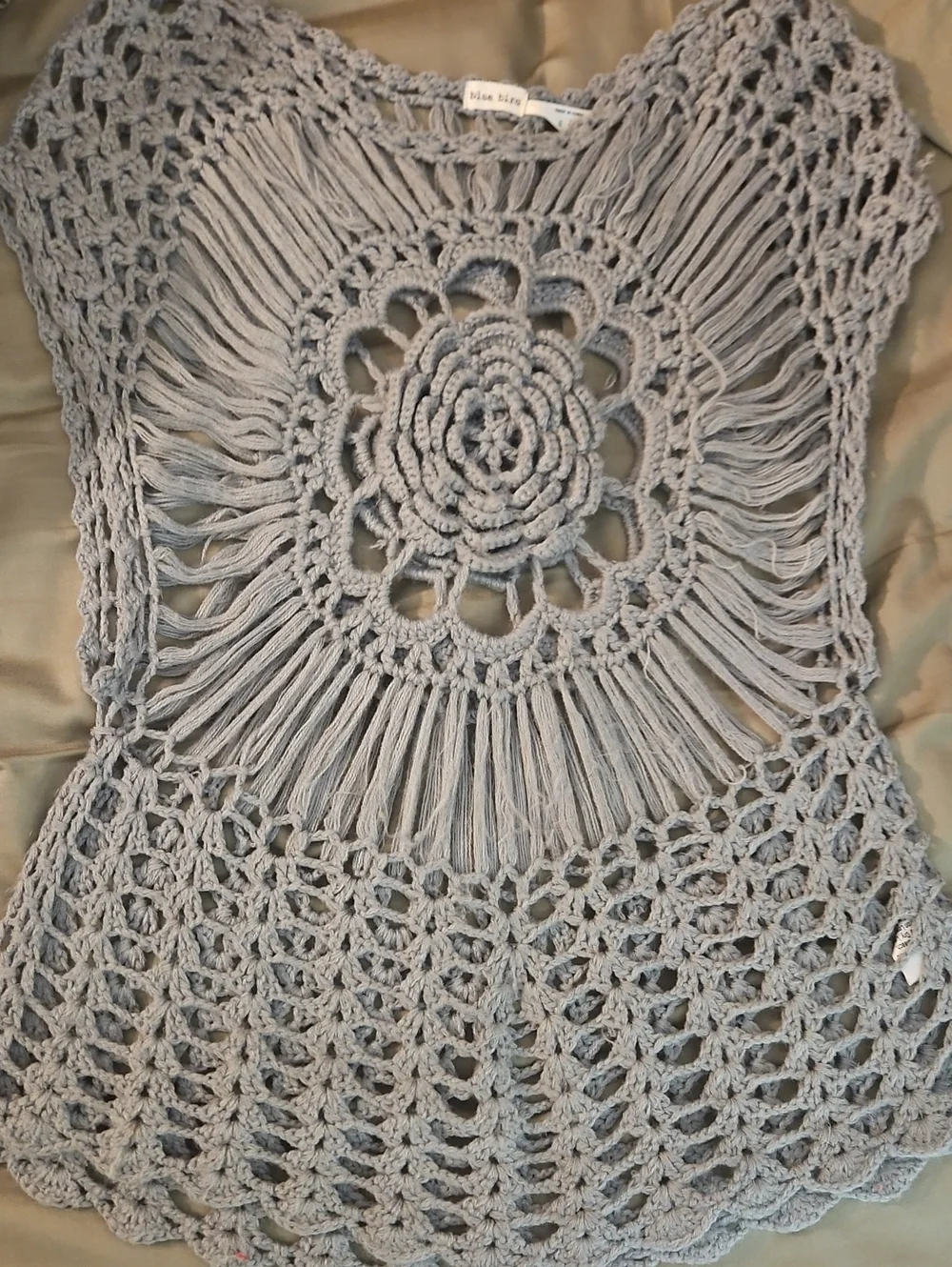 Anthropologie Light Gray Crochet Boho Overlay with Floral Medallion